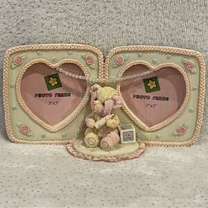 Ceramic 3D Bear Baby Double Heart Photo Frame 3"x3" Pink Green Nursery Decor